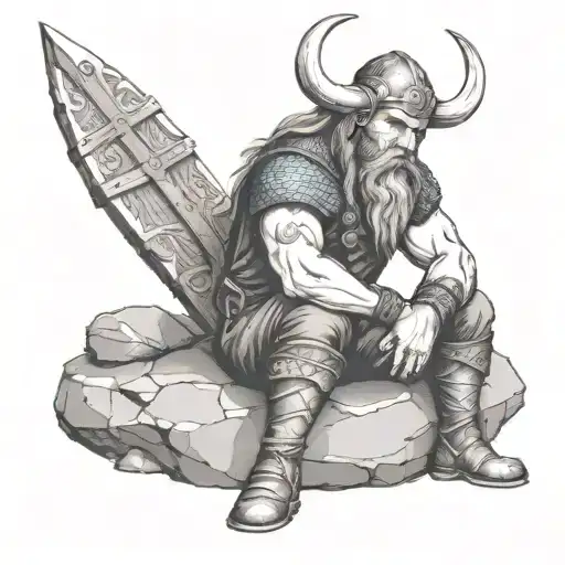 Sad Viking Without Helmet Sitting Alone On A Stone Without Helmet
