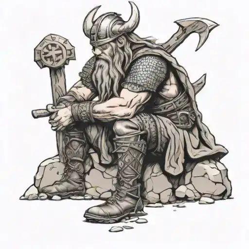 Sad Viking Without Helmet Sitting Alone On A Stone Without Helmet