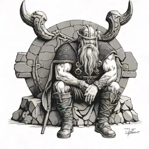 Sad Viking Without Helmet Sitting Alone On A Stone Without Helmet