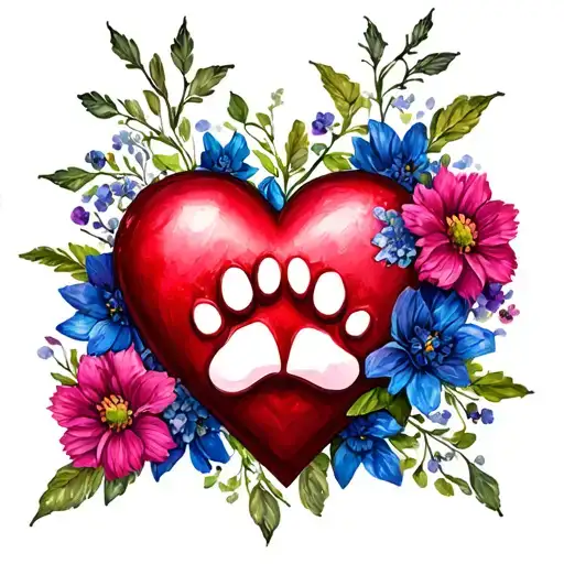 Heart With Paws And Flowers