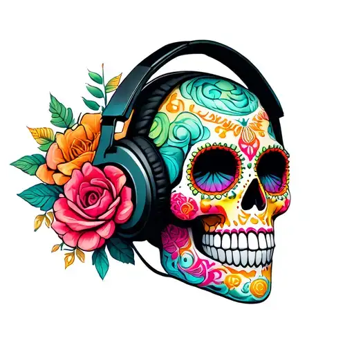 Sugar Skull Wearing Headphones