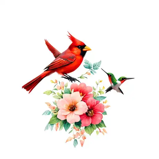Flowers With A Cardinal Bird And A Humming Bird With 2 Ribbons To Write On
