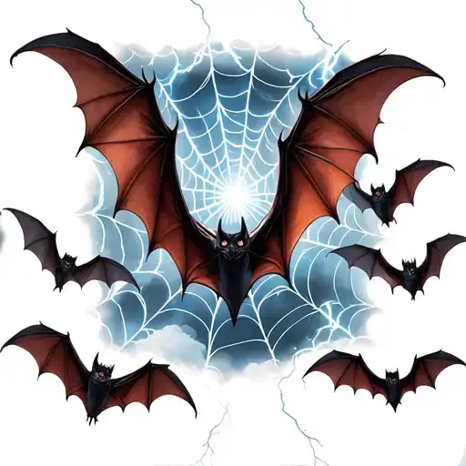 Bats Flying Through A Lightning Storm That Has Developed Out Of A Spider's Web Instead Of A Cloud