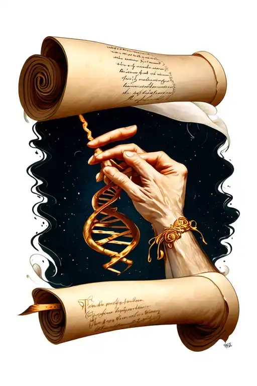 A Scroll In A Dna Pattern With Gods Hands Making The Script On Male Forearm