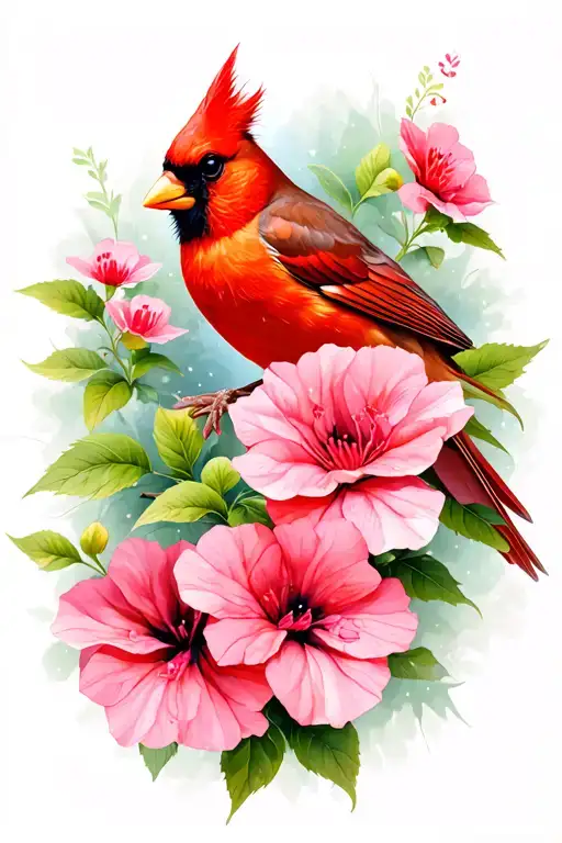 Cardinal Bird With Geranium Flowers
