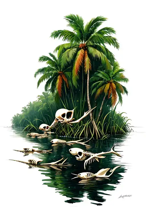 Palm Trees In A Swamp With Fish Skeletons In The Water