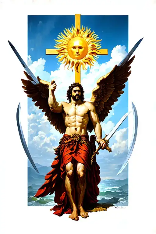 Icarus Under A Sun In A Cross Pose Holding Two Swords