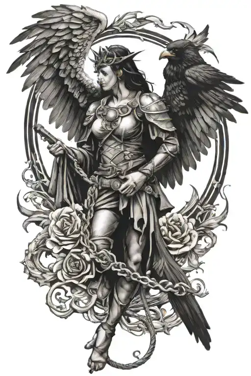 Fire Angel Holding A Raven On A Leash