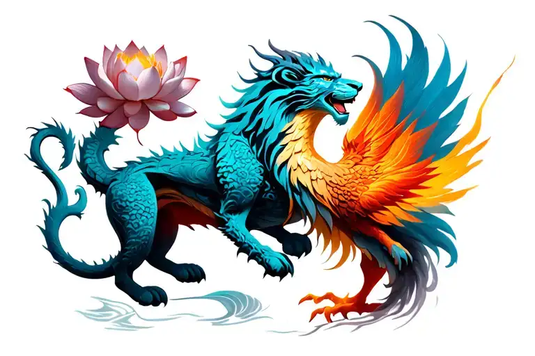 Lotus Flower Lion Dragon And Phoenix Rising From The Ashes