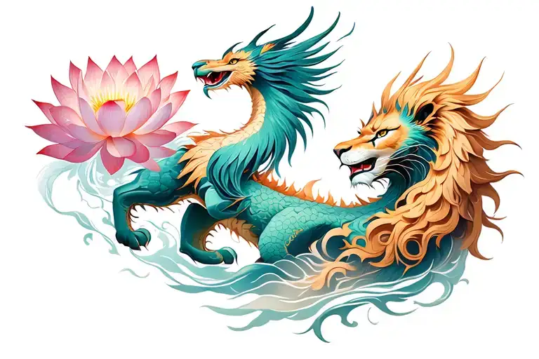 Lotus Flower Lion Dragon And Phoenix Rising