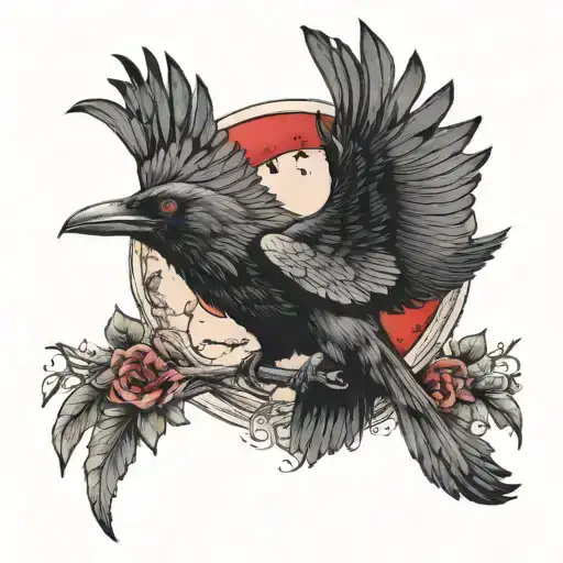 Crow With Red Eyes Flying Upwards And Half Moon