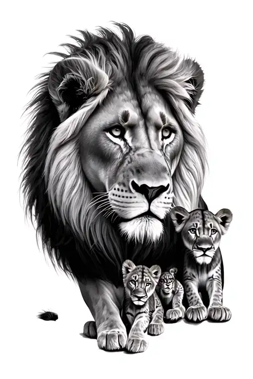 A Male Lion With A Lioness And 2 Cubs All Together Black And White