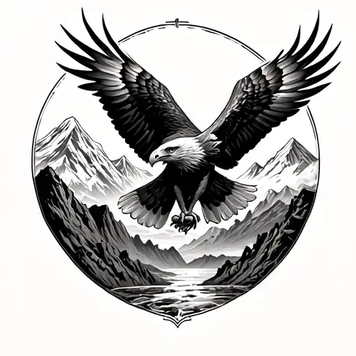 A Detailed Blackwork Tattoo Of A Majestic Eagle Soaring Over A Mountain Range