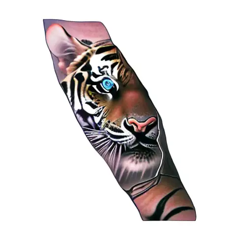 A Tiger With Blue Eyes And Roses