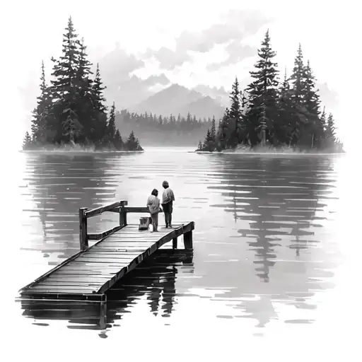 Create A Tattoo Of A Lake With Water With 2 People On A Dock
