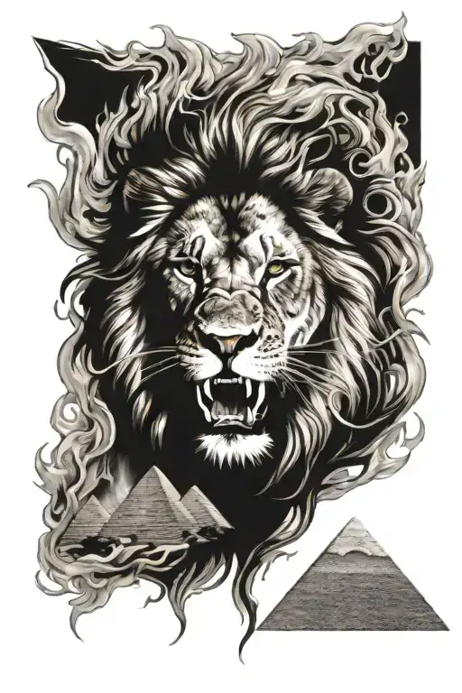 Fire Background With Lion Roaring And Pyramids