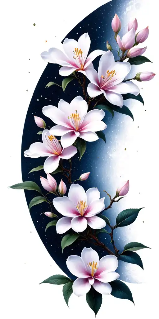 Lillys Magnolias Blooming On A Branch Cresent Moon Many Stars Light Shading