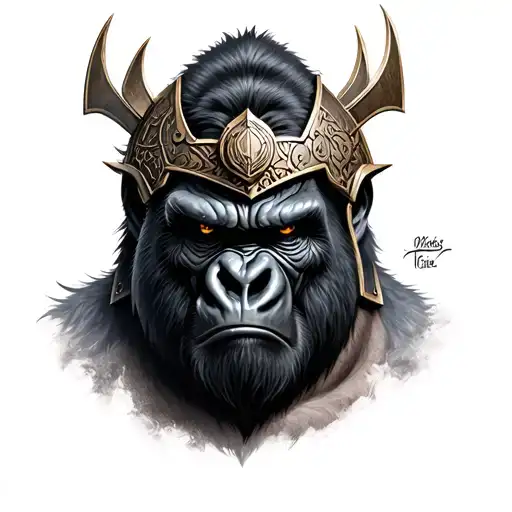 Realistic Angry War Gorilla Head With Ancient Armor On His Head