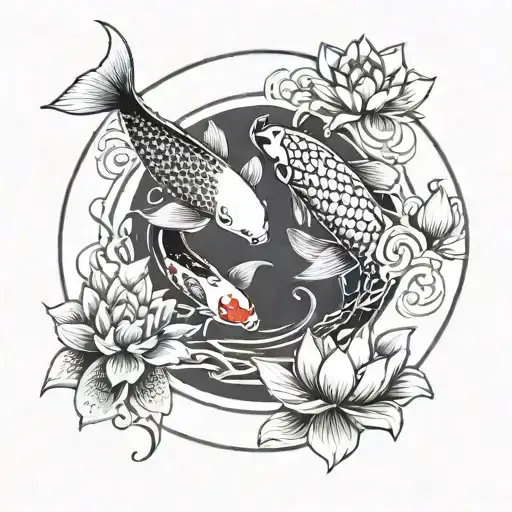 Two Koi Fish Swimming In Circle Around A Lotus Flower One Koi Is Yin And One Is Yang