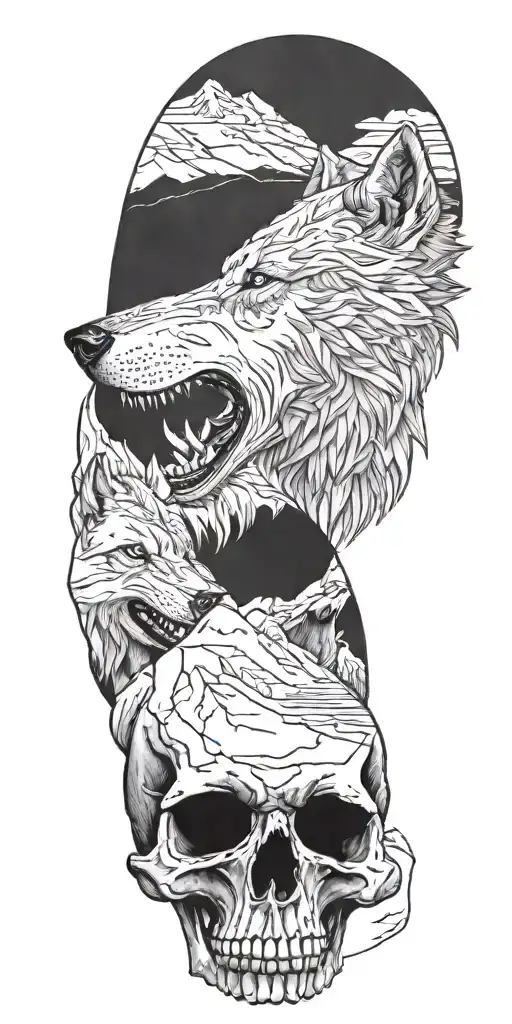 Wolf And Mountains And Skull