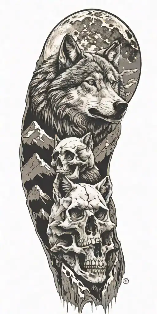 Wolf And Mountains And Skull