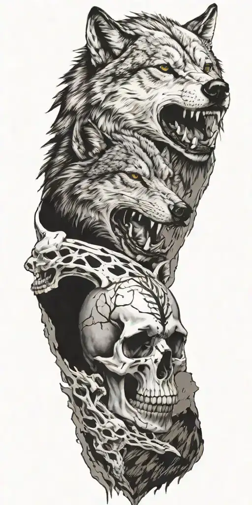 Wolf And Mountains And Skull