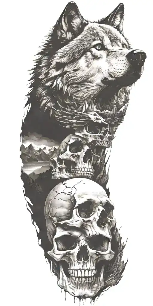 Wolf And Mountains And Skull