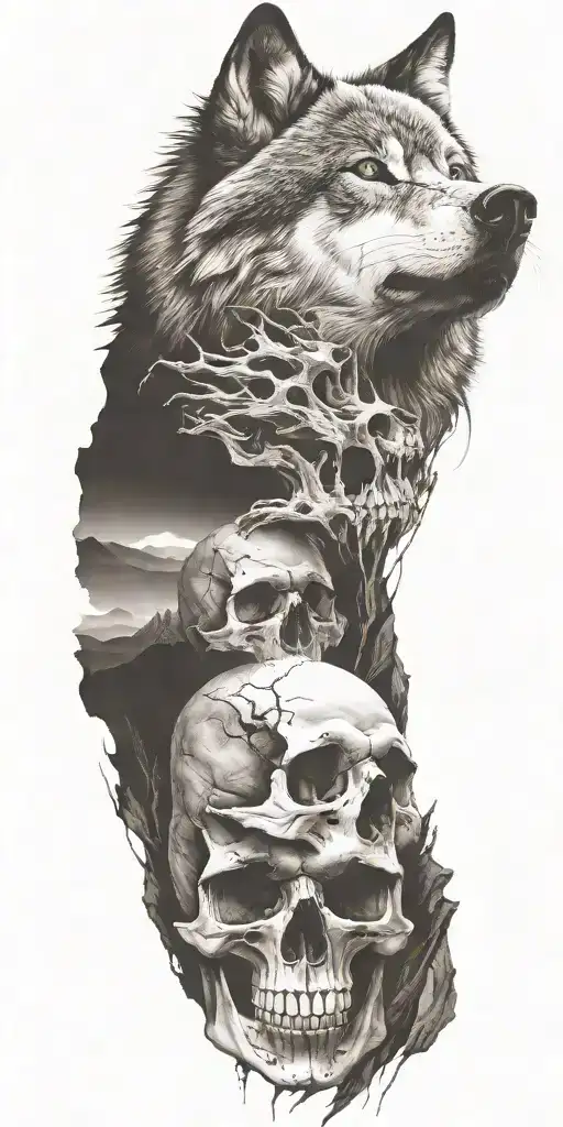 Wolf And Mountains And Skull