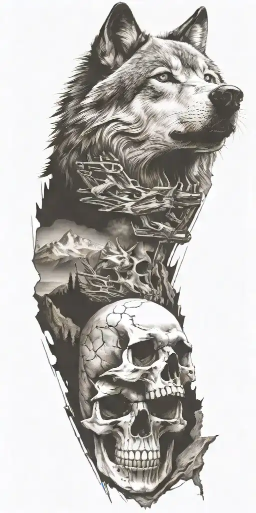 Wolf And Mountains And Skull