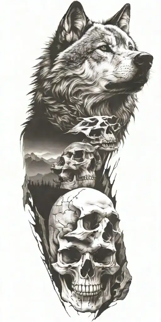 Wolf And Mountains And Skull