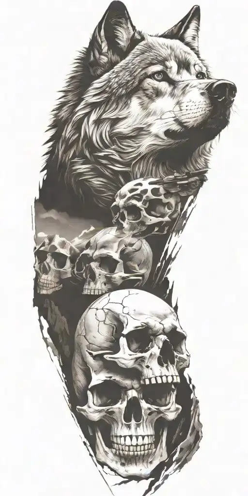 Wolf And Mountains And Skull