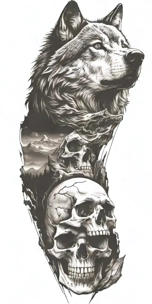 Wolf And Mountains And Skull