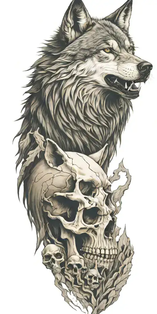Wolf And Mountains And Skull