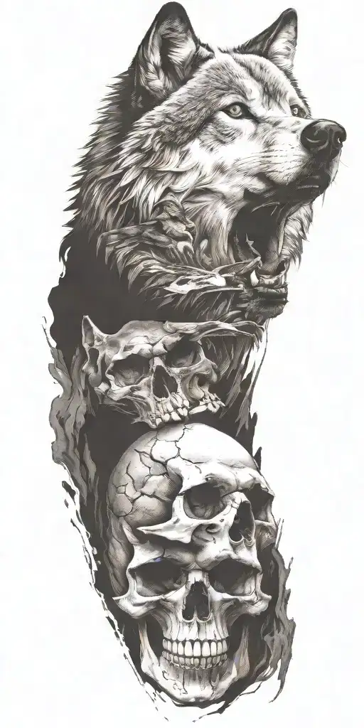Wolf And Mountains And Skull