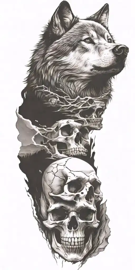 Wolf And Mountains And Skull