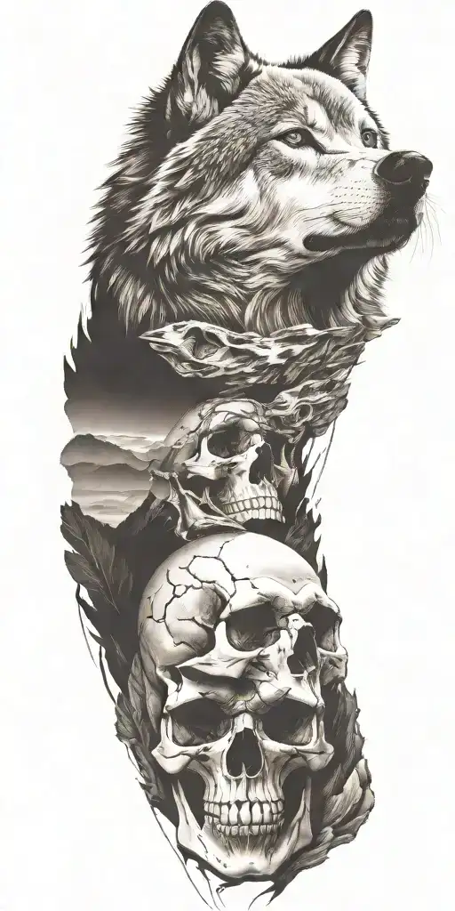 Wolf And Mountains And Skull