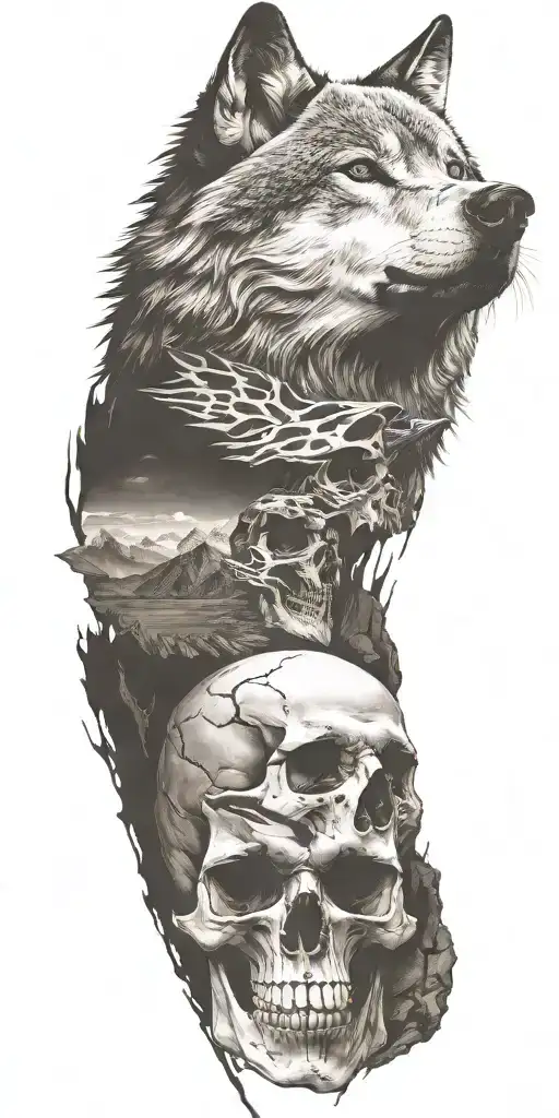 Wolf And Mountains And Skull