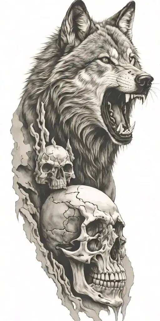 Wolf And Mountains And Skull
