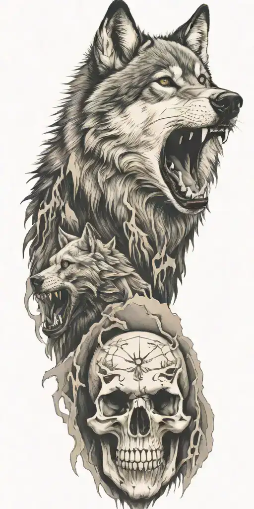 Wolf And Mountains And Skull