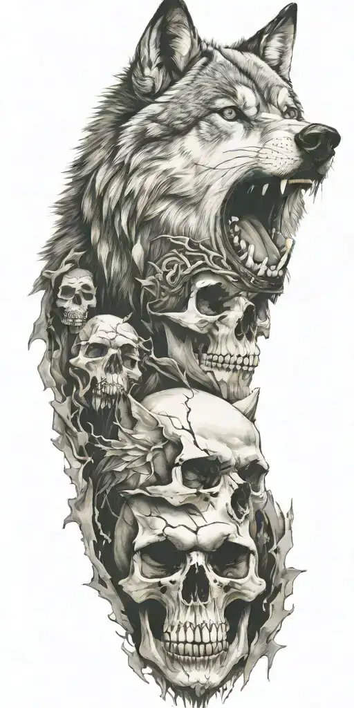 Wolf And Mountains And Skull