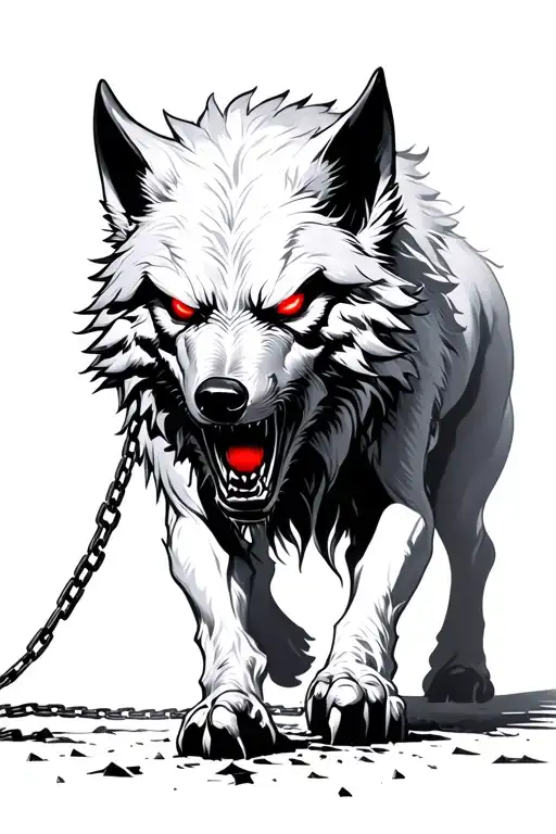 Angry Fenrir Glowing Red Eyes Black Walking Towards With Broken Chain