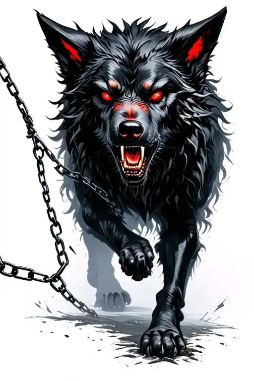 Angry Fenrir Glowing Red Eyes Black Walking Towards With Broken Chain