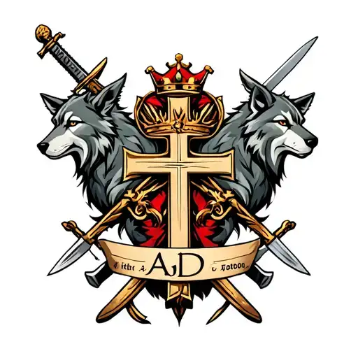 Cross With Crown And Philography And Swords And Banners Saying Ajd With Wolves