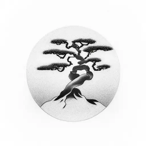 A Minimalist Black And Grey Tattoo Of A Bonsai Tree Symbolizing 'Kaizen'