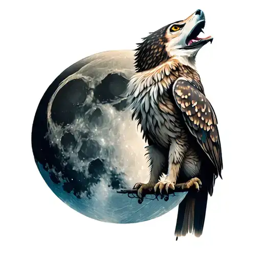 Owl Wolf Howling At Moon Merging Together