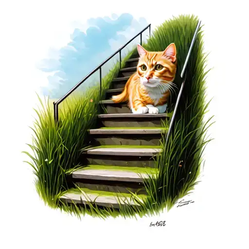 Cat Orange Stairs Grass Looking