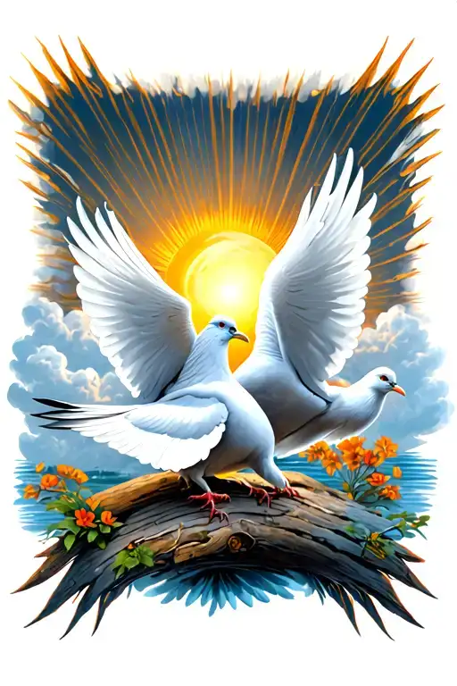 Sun Rays And Clouds With Two White Pidgeons