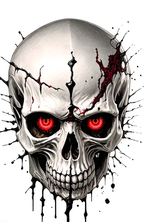Gothic Style Realistic Evil Skull With Red Eyes Looking Through A Gash