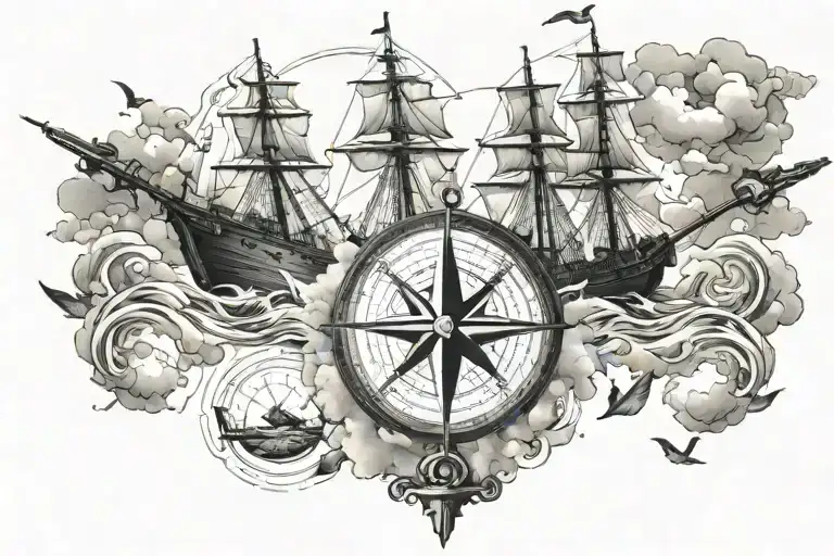 Old Battle Ship With Compass And Clouds With Tiny Birds