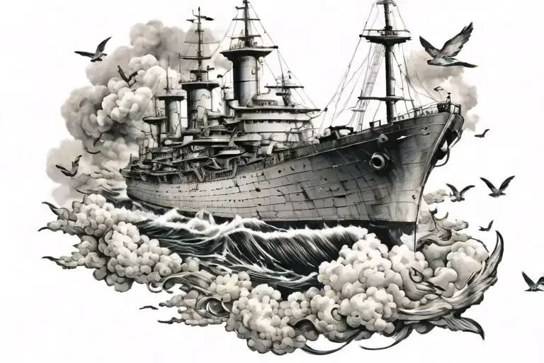 A Big Old Battleship With Tiny Birds And Clouds